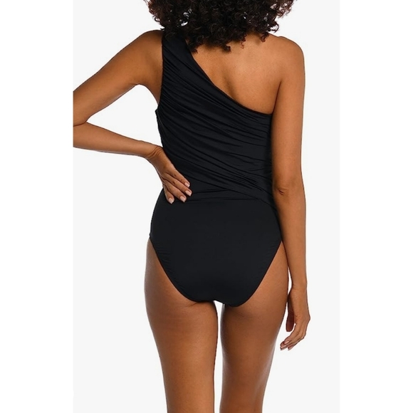 La Blanca Island Goddess Shirred One Shoulder One Piece - Black - Picture 3 of 12